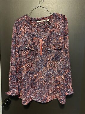 Valerie Stevens Navy and Coral Printed Long-Sleeve Blouse with Zip